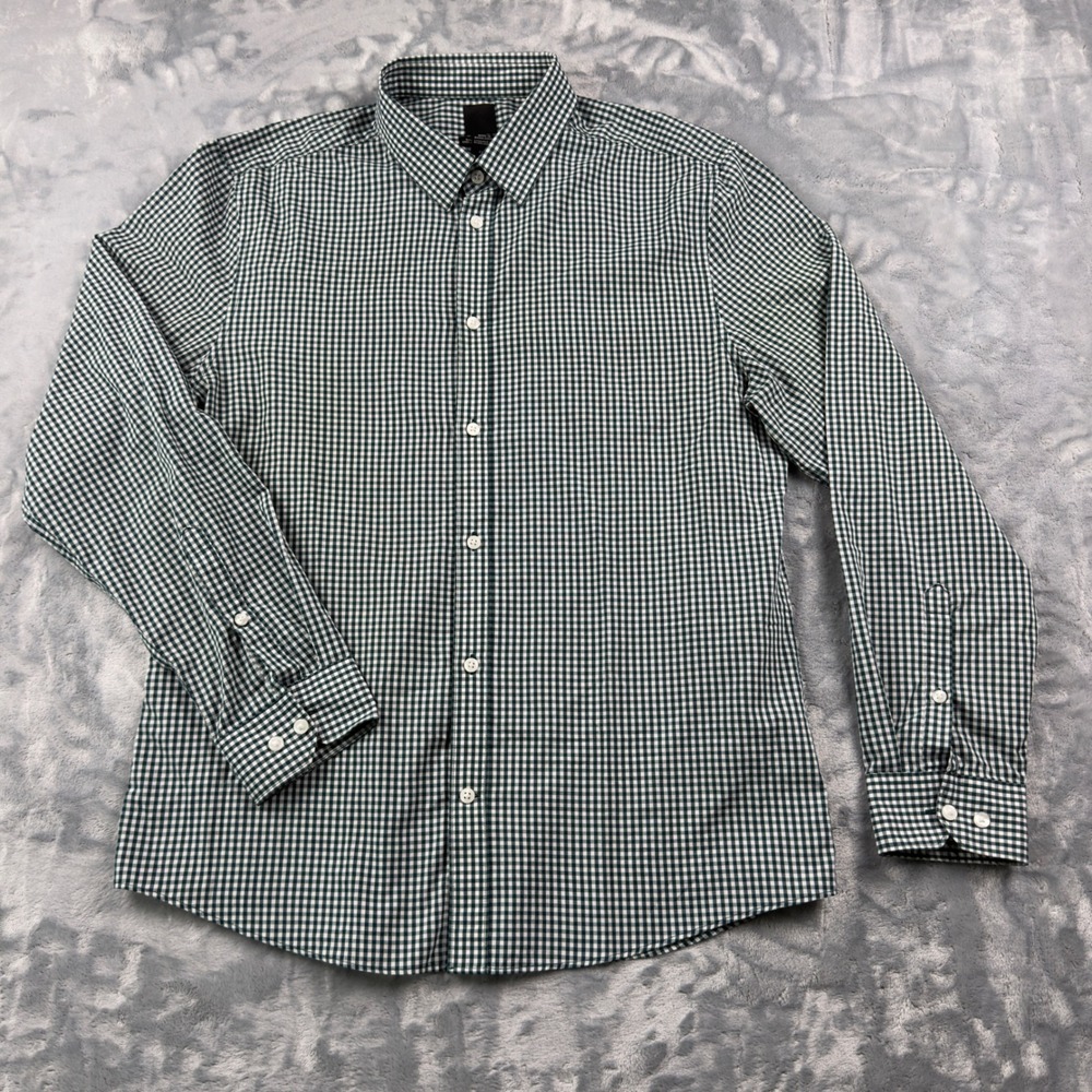 HM Mens Slim Fit Easy Iron Gingham Button Down Shirt Green White XL